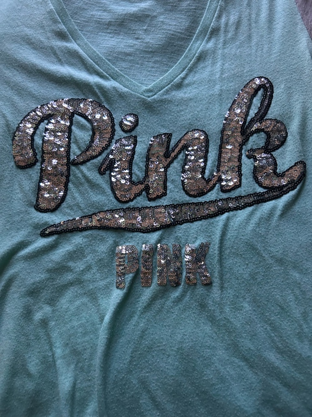 PINK Victoria's Secret Aqua V-Neck Tee with Sequin Logo and Gray Sleeve